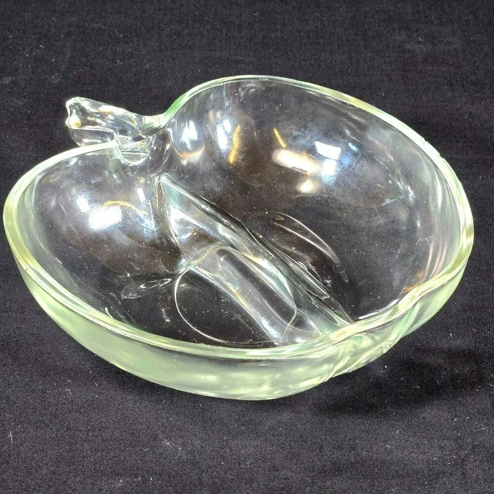 Vintage Hazel Atlas Apple Bowl Orchard Divided Relish Candy Dish Clear Glass 6" - Picture 2 of 8